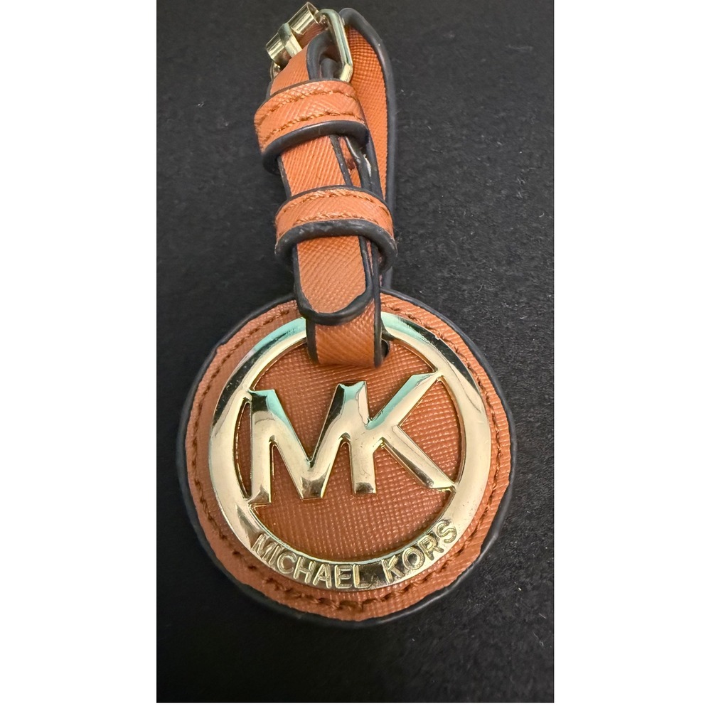 Michael Kors Bag Charm Luggage Brown Gold MK Logo Saffiano Leather Classic Round